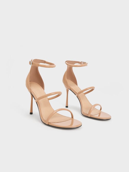 Patent Leather Triple Strap Heeled Sandals, Nude, hi-res