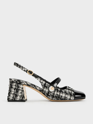 Zapatos destalonados de tweed con tacón trapecio y perlas, Negro texturizado, hi-res