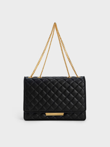 Double Chain Handle Quilted Bag, Black, hi-res