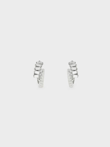 Swarovski® Crystal Embellished Huggie Hoop Earrings, Silver, hi-res