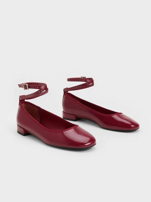 Patent Ankle-Strap Ballet Flats, Burgundy, hi-res