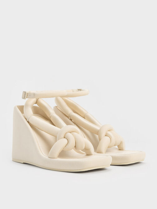 Toni Knotted Puffy-Strap Wedges, Chalk, hi-res