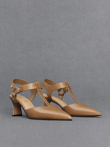 Leather Buckled T-Bar Pumps, Taupe, hi-res