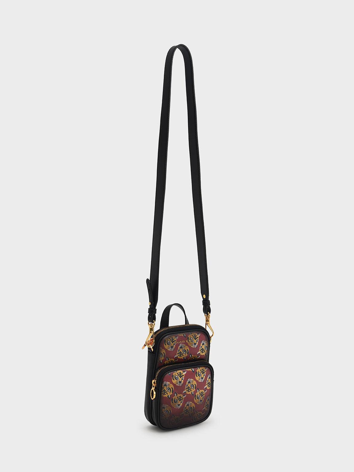 Lunar New Year Collection: Tiger-Print Heat Reactive Double Pocket Long Crossbody Bag, Red, hi-res