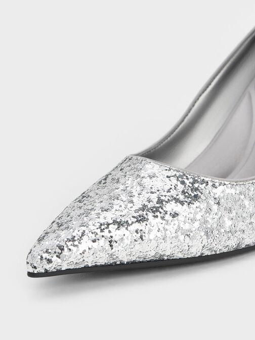 Zapatos de tacón Emmy con punta estrecha y acabado glitter, Plateado, hi-res