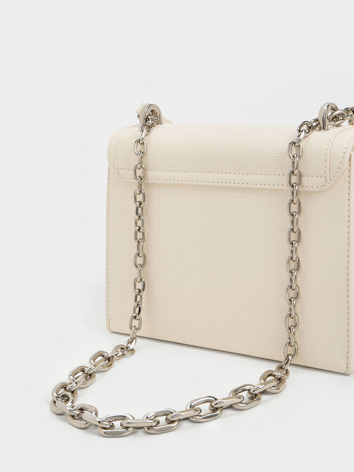 Front Flap Chain Handle Crossbody Bag, Cream, hi-res