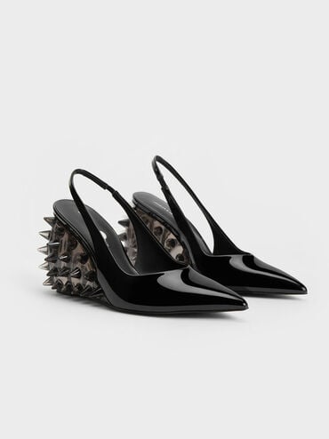 Zapatos destalonados de charol con tacón de cuña con picos, Charol negro, hi-res