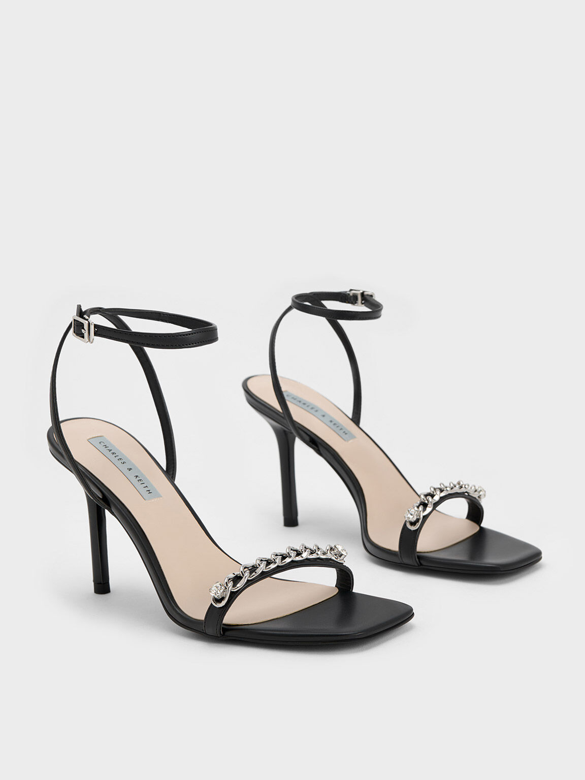 Black Chain-Embellished Ankle Strap Sandals - CHARLES & KEITH NO