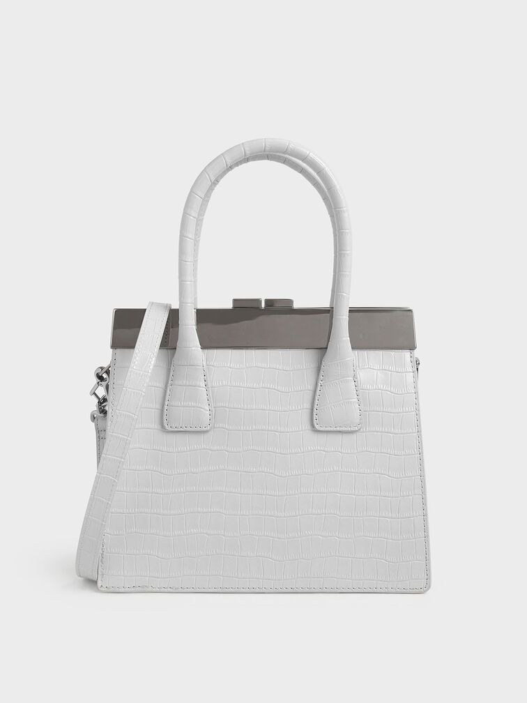 Croc-Effect Leather Top Handle Bag, White, hi-res