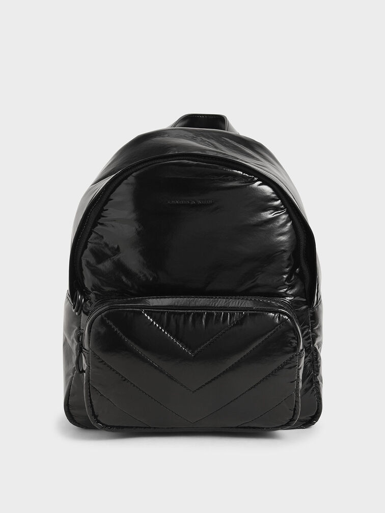 Quilted Double Zip Backpack, Black, hi-res