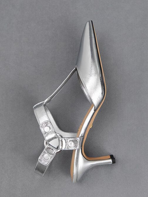 Leather Metallic Buckled T-Bar Pumps, Silver, hi-res