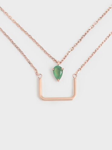 Green Agate Stone Layered Matinee Necklace, Rose Gold, hi-res
