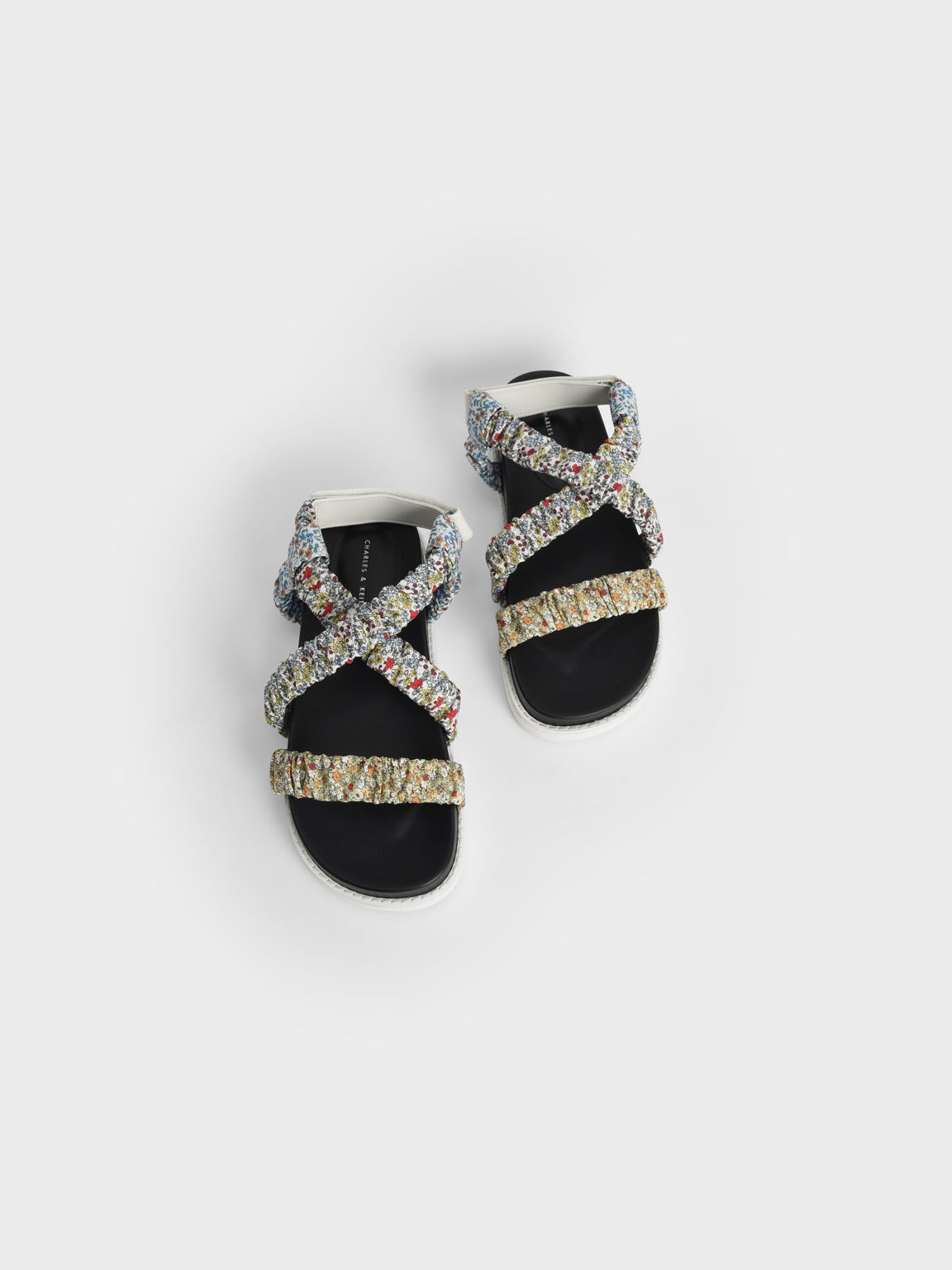 Printed Fabric Ruched Crossover Sandals, Multi, hi-res