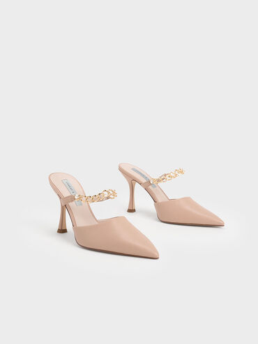 Chain-Link Strap Heeled Mules, Nude, hi-res