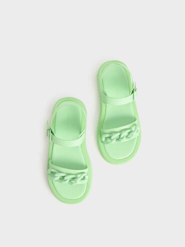 Sandalias acolchadas con correa en el tobillo y eslabones de cadena gruesa, Verde, hi-res