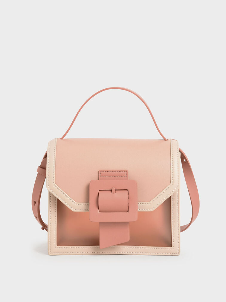 See-Through Effect Buckled Bag, Nude, hi-res