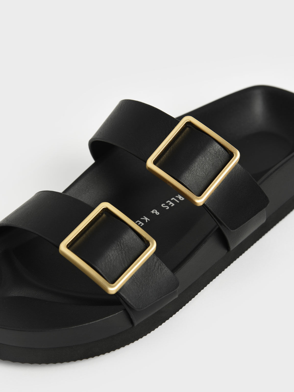 Buckle Strap Slide Sandals, Black, hi-res