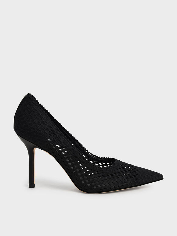 Knitted Stiletto Pumps, Black, hi-res