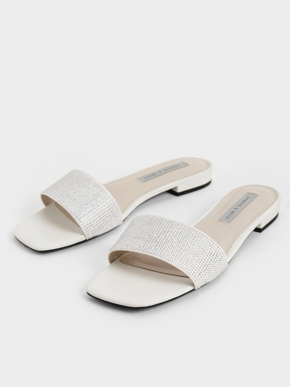 Gem Embellished Slide Sandals, Cream, hi-res