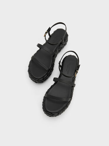 Chaussures compensées tressées en cuir Tali, Noir, hi-res