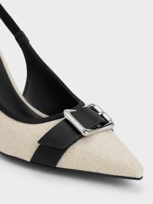 Zapatos de tacón destalonados de lino con punta afilada y hebilla, Blanco tiza, hi-res