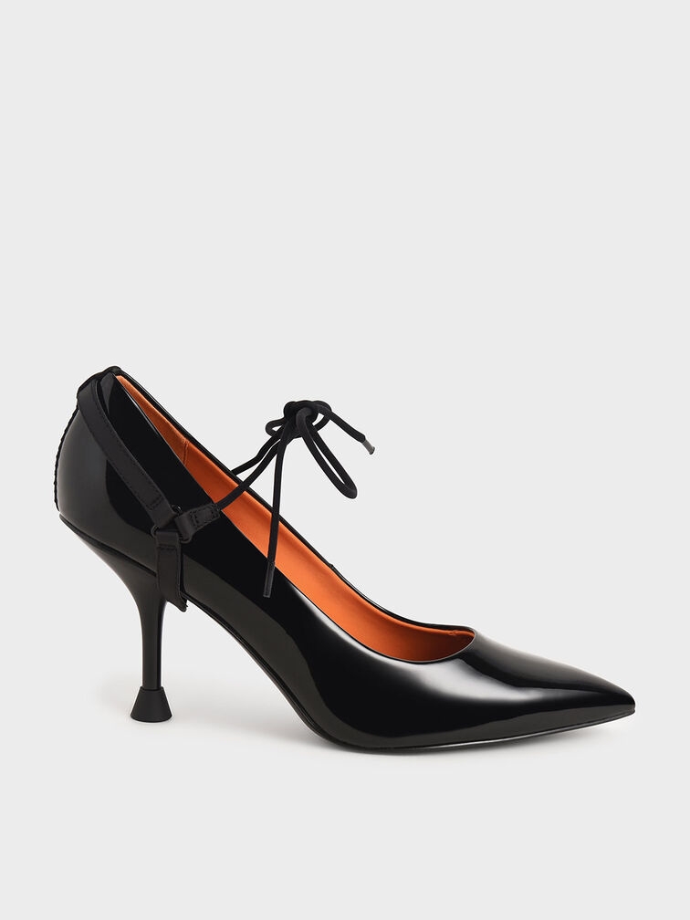 Patent Ankle-Tie Court Shoes, Black, hi-res