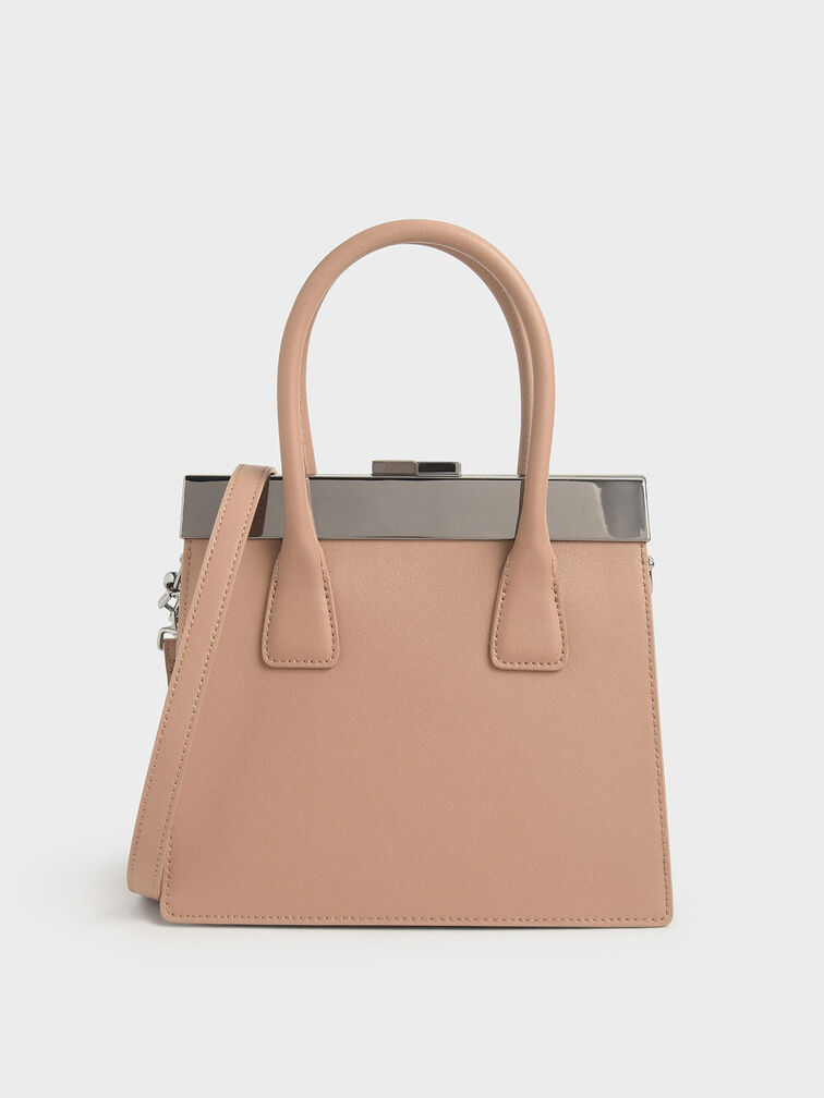 Leather Top Handle Bag, Brown, hi-res