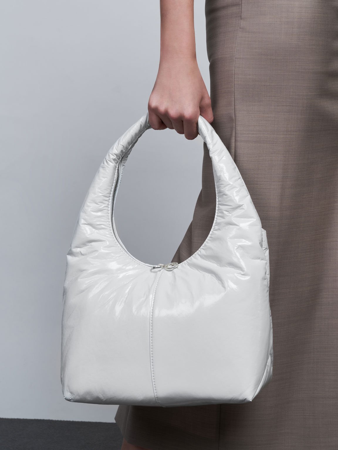 Wrinkled-Effect Large Hobo Bag, White, hi-res