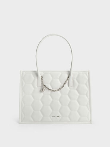 Geometric Quilted Tote Bag, White, hi-res