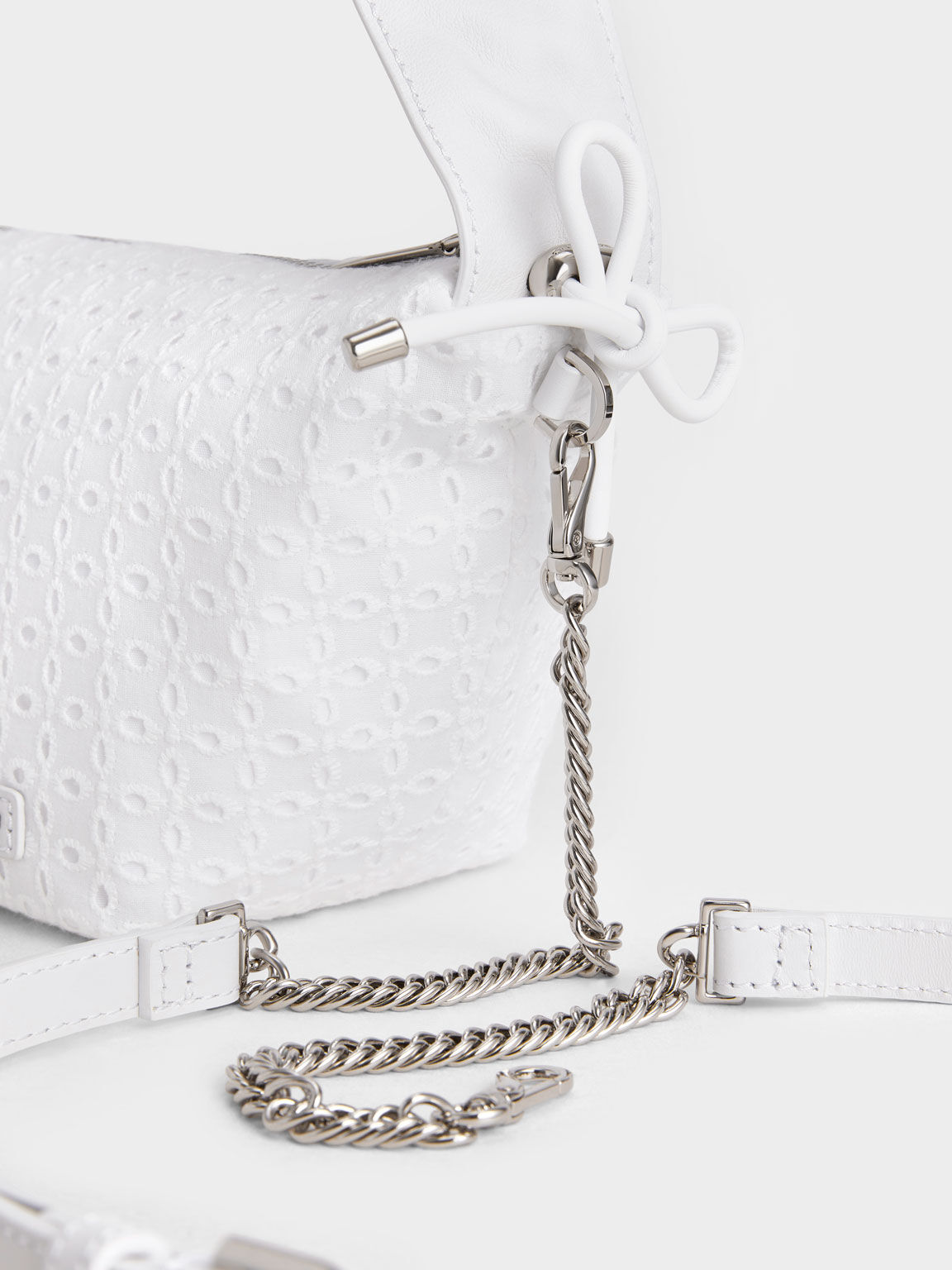 Leather & Lace Ruched Top Handle Bag, White, hi-res