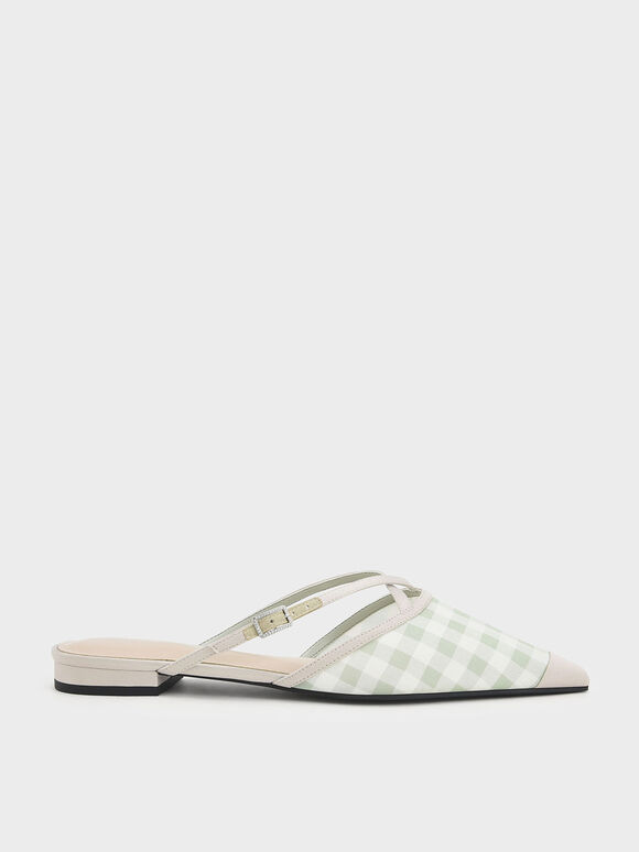 Satin Check-Print Pointed-Toe Strappy Mules, Light Green, hi-res