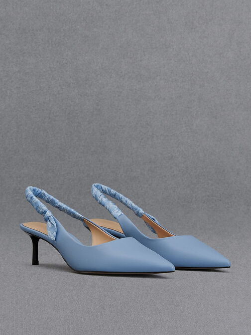 Zapatos de tacón destalonados de cuero con correa efecto arrugado, Azul claro, hi-res