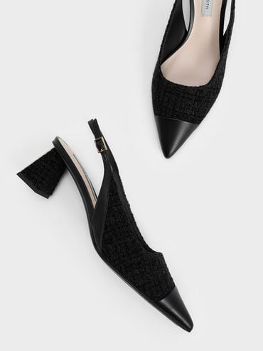 Zapatos destalonados con puntera y en tweed, Negro texturizado, hi-res