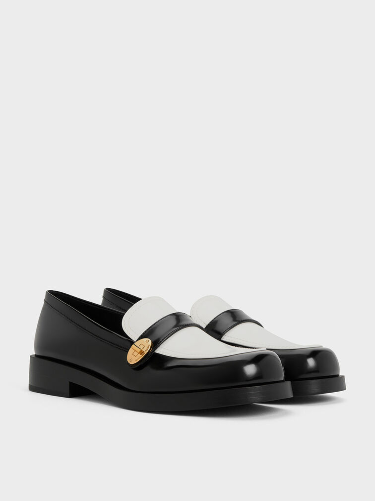 Two-Tone Metallic-Buckle Strap Loafers, Multi, hi-res