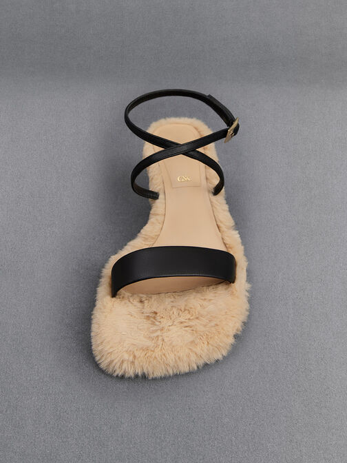 Leather Fur-Lined Ankle-Strap Heeled Sandals, Black, hi-res