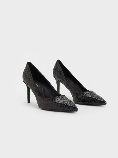 Zapatos de tacón Emmy con punta estrecha y acabado glitter, Negro texturizado, hi-res