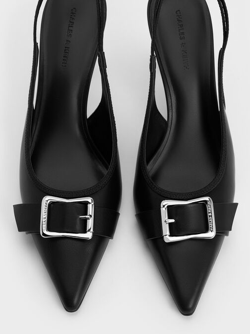 Zapatos de tacón destalonados con punta afilada y hebilla, Negro, hi-res