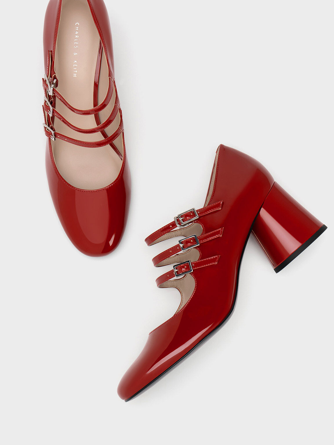 Buckled Cylindrical Heel Mary Janes, Red, hi-res