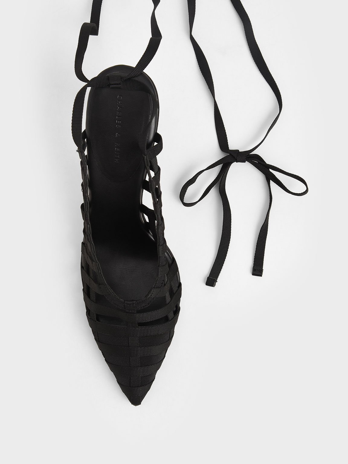 Grosgrain Tie-Around Caged Court Shoes, Black, hi-res
