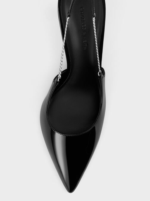 Zapatos de tacón destalonados en charol con punta afilada y cadena, Charol negro, hi-res