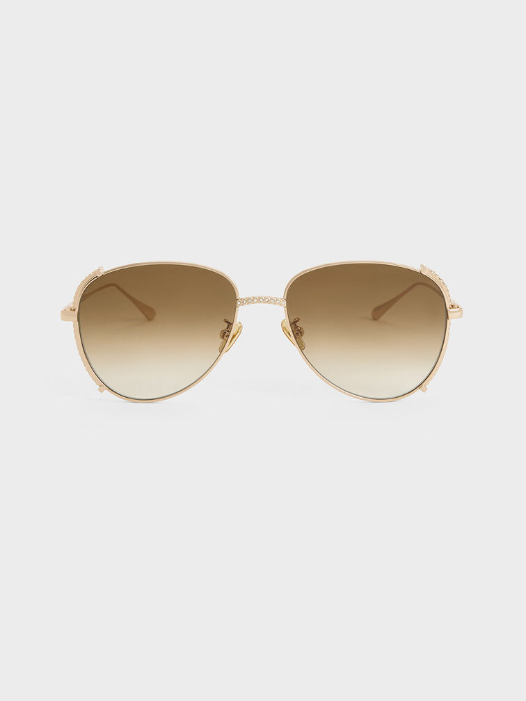Gem-Embellished Wireframe Aviator Sunglasses, Light Gold, hi-res