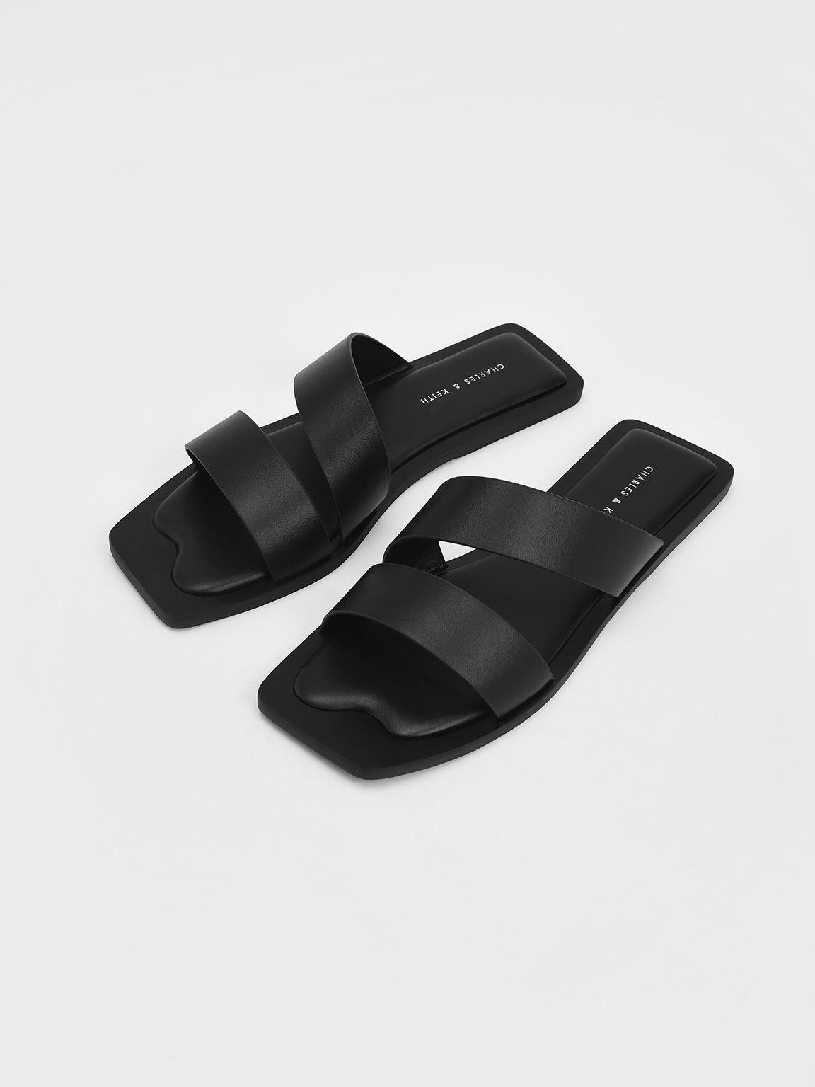Asymmetric Strappy Slide Sandals, Black, hi-res
