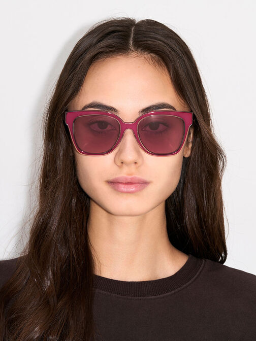 Oversized Square Metallic Accent Sunglasses, Fuchsia, hi-res
