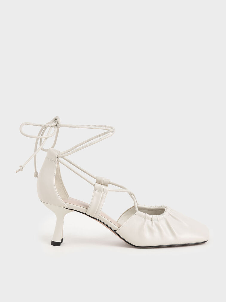 Ruched Ankle Tie Heels, White, hi-res