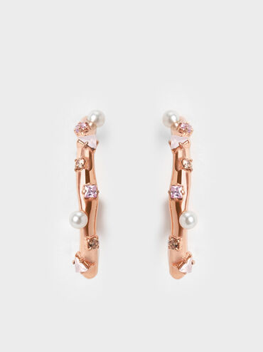 Boucles d’oreilles ornées de perles et cristaux, Or Rose, hi-res