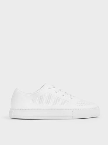Knitted Lace-Up Sneakers, White, hi-res