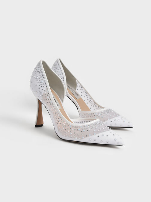 Zapatos de tacón Half-D'Orsay con adornos de malla Blythe, Blanco, hi-res