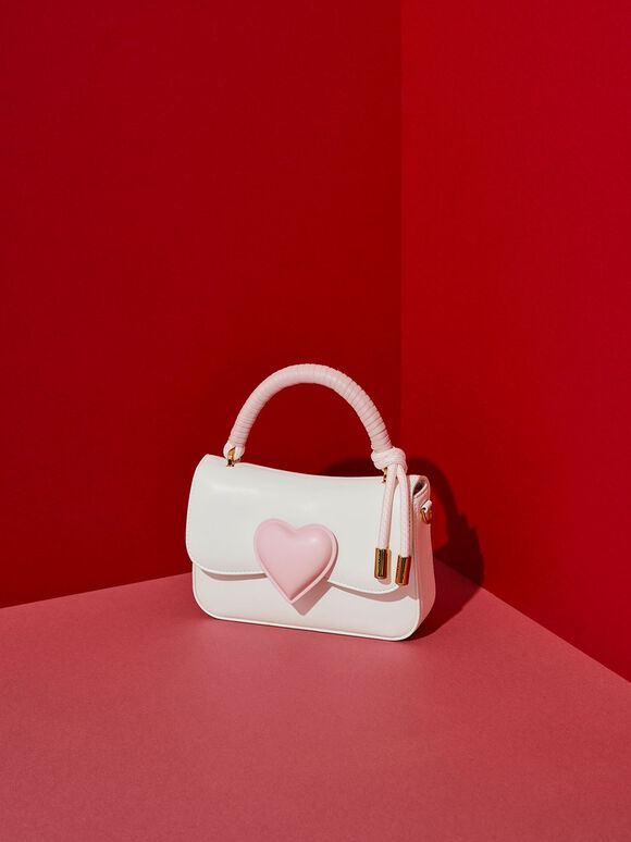 Valentine's Day Collection: Heart-Motif Coiled Top Handle Bag, White, hi-res