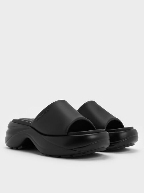 Sandales à large lanière et plateforme incurvée, Noir, hi-res