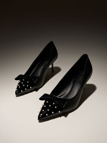 Zapatos de tacón de cuero con punta estrecha y adornos de perla, Negro, hi-res